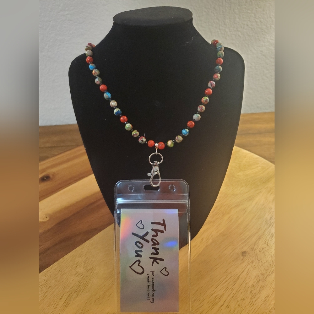 LANYARD/JEWELRY HANDMADE UNIQUE CUSTOM PIECE WITH SEMI PRECIOUS BEADS.